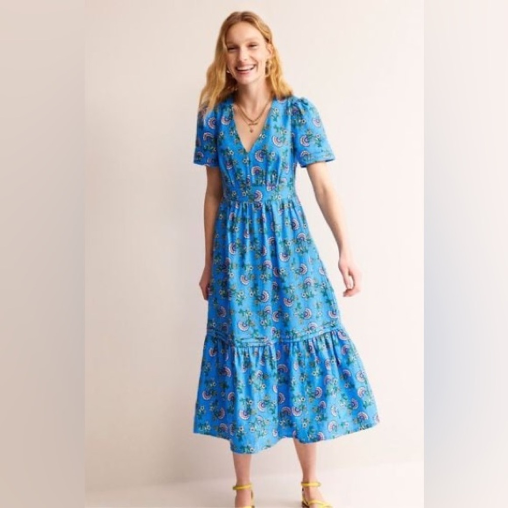 Boden Eve 100% Linen Midi blue v neck puff sleeve floral cottage Dress 12P